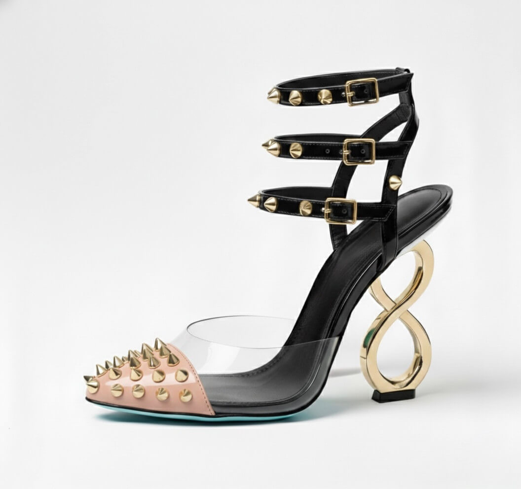 PINK INFINITE SPIKES HEELS OPEN ARCH TRIPLE STRAP