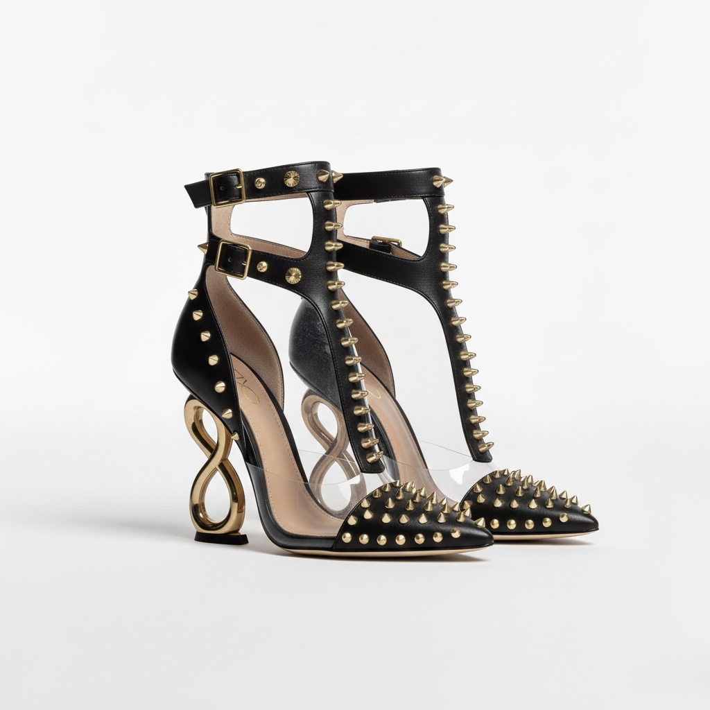 BLACK INFINITE SPIKES HEELS™ DOUBLE STRAP EDITION Made in Italy | Genuine Leather | Free Worldwide Shipping - Image 7