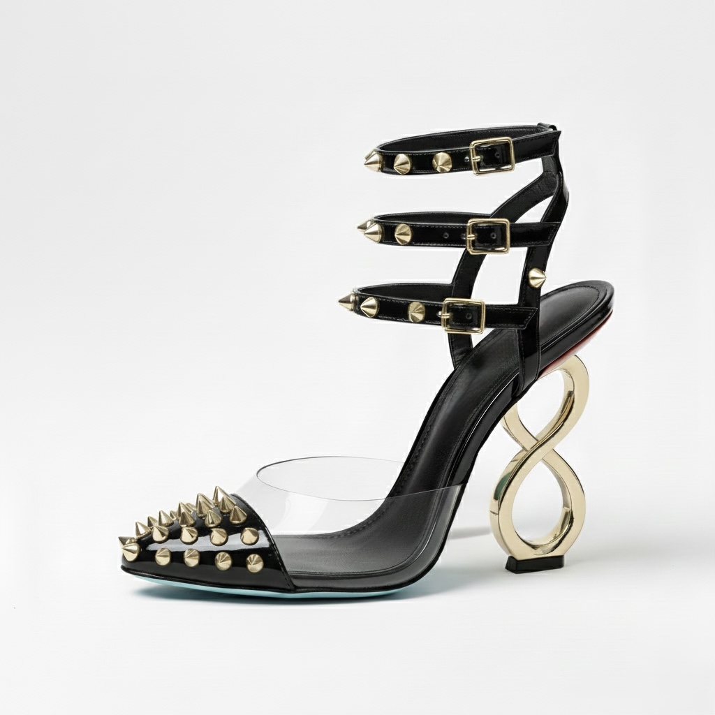 BLACK INFINITE SPIKES HEELS™ OPEN ARCH TRIPLE STRAP EDITION Made in Italy | Genuine Leather | Free Worldwide Shipping - Image 7