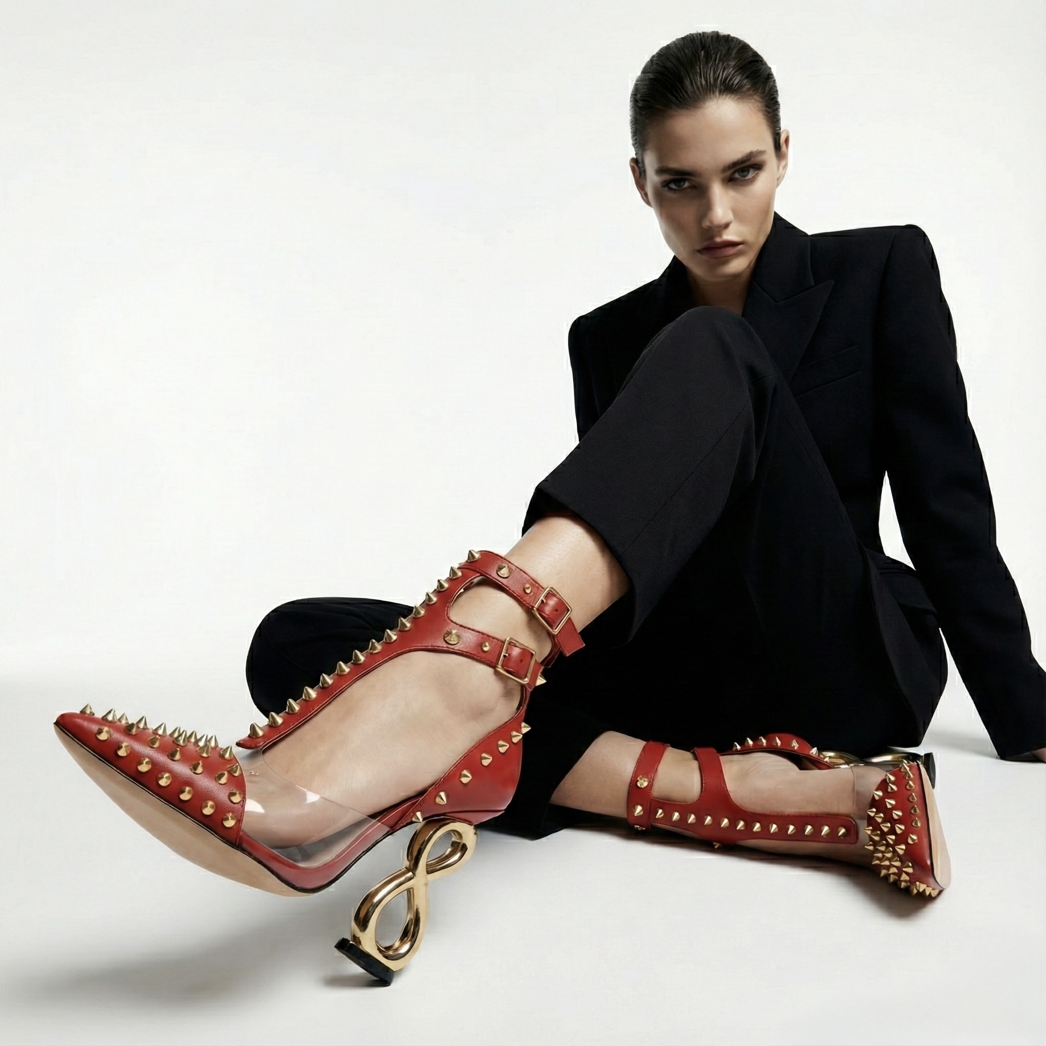 RED INFINITE SPIKES HEELS™ DOUBLE STRAP EDITION Made in Italy | Genuine Leather | Free Worldwide Shipping - Image 2