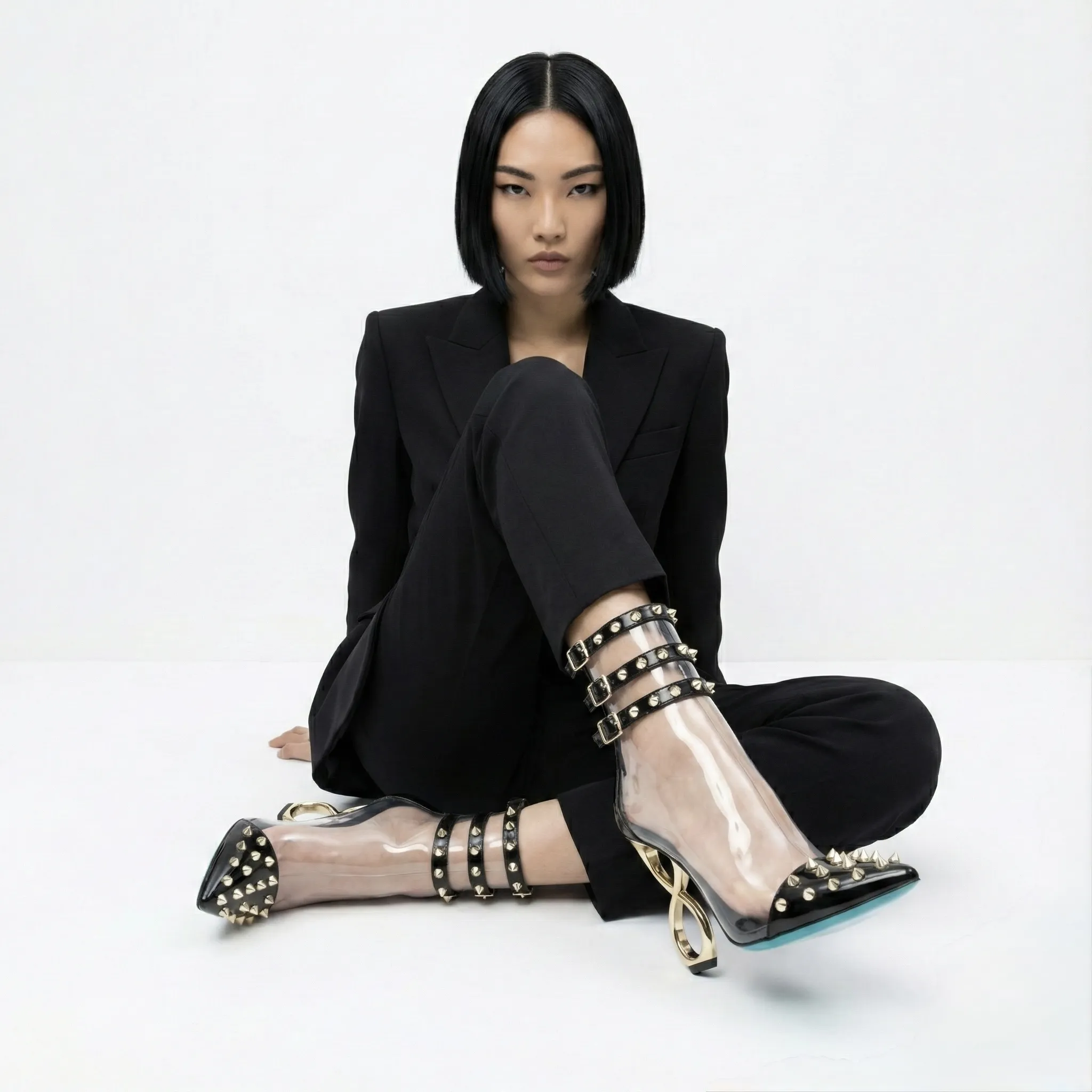 BLACK INFINITE SPIKES HEELS™ TRIPLE STRAP EDITION Made in Italy | Genuine Leather | Free Worldwide Shipping