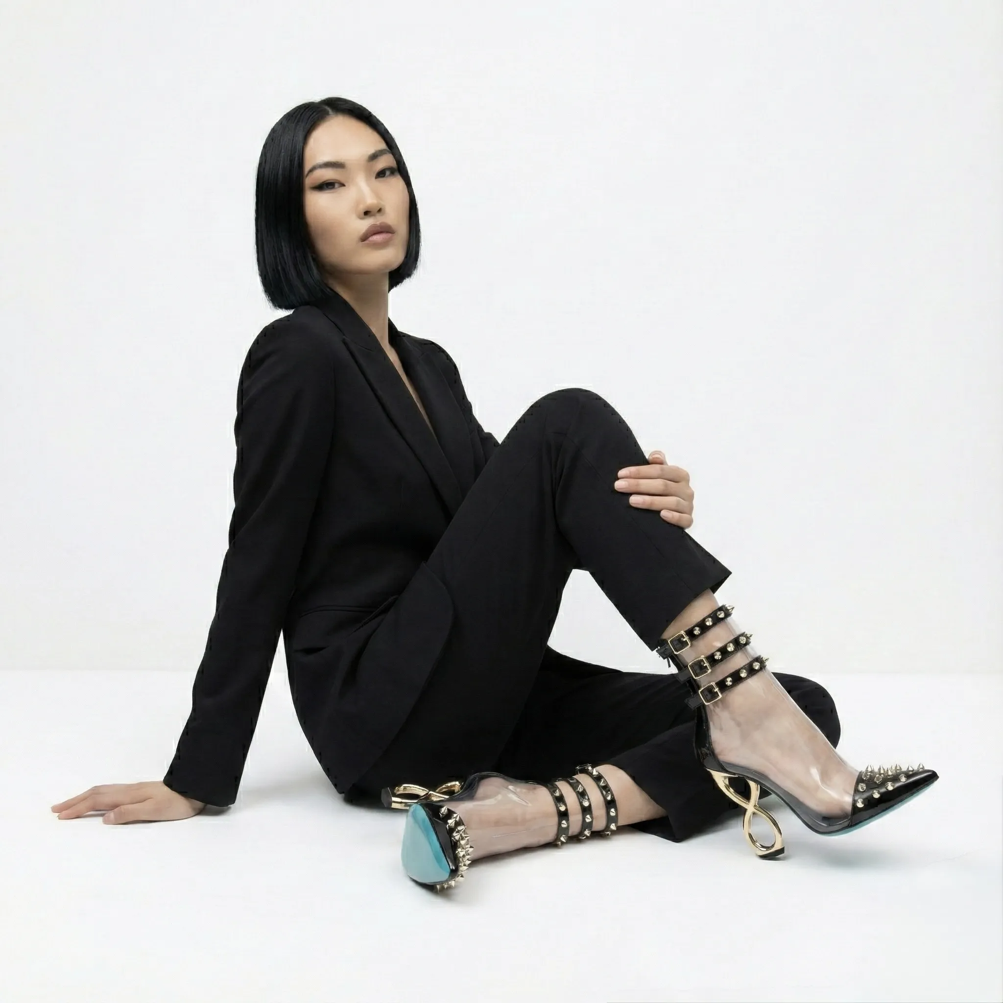 BLACK INFINITE SPIKES HEELS™ TRIPLE STRAP EDITION Made in Italy | Genuine Leather | Free Worldwide Shipping - Image 3