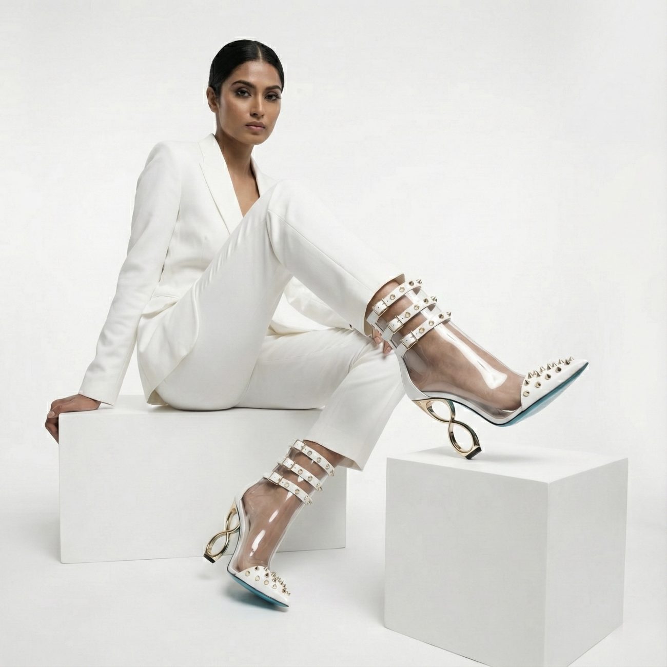 WHITE INFINITE SPIKES HEELS™ TRIPLE STRAP EDITION Made in Italy | Genuine Leather | Free Worldwide Shipping