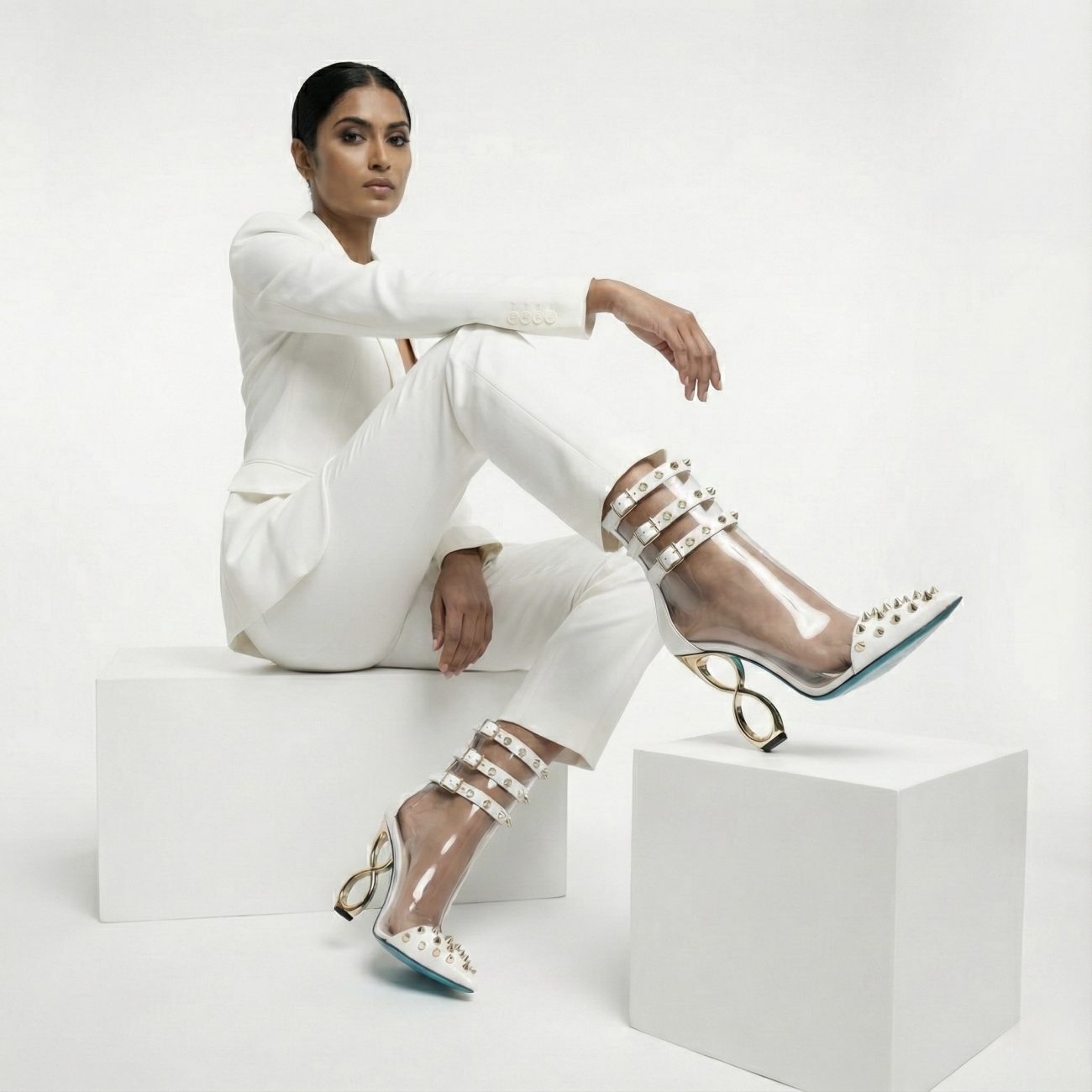 WHITE INFINITE SPIKES HEELS™ TRIPLE STRAP EDITION Made in Italy | Genuine Leather | Free Worldwide Shipping - Image 3