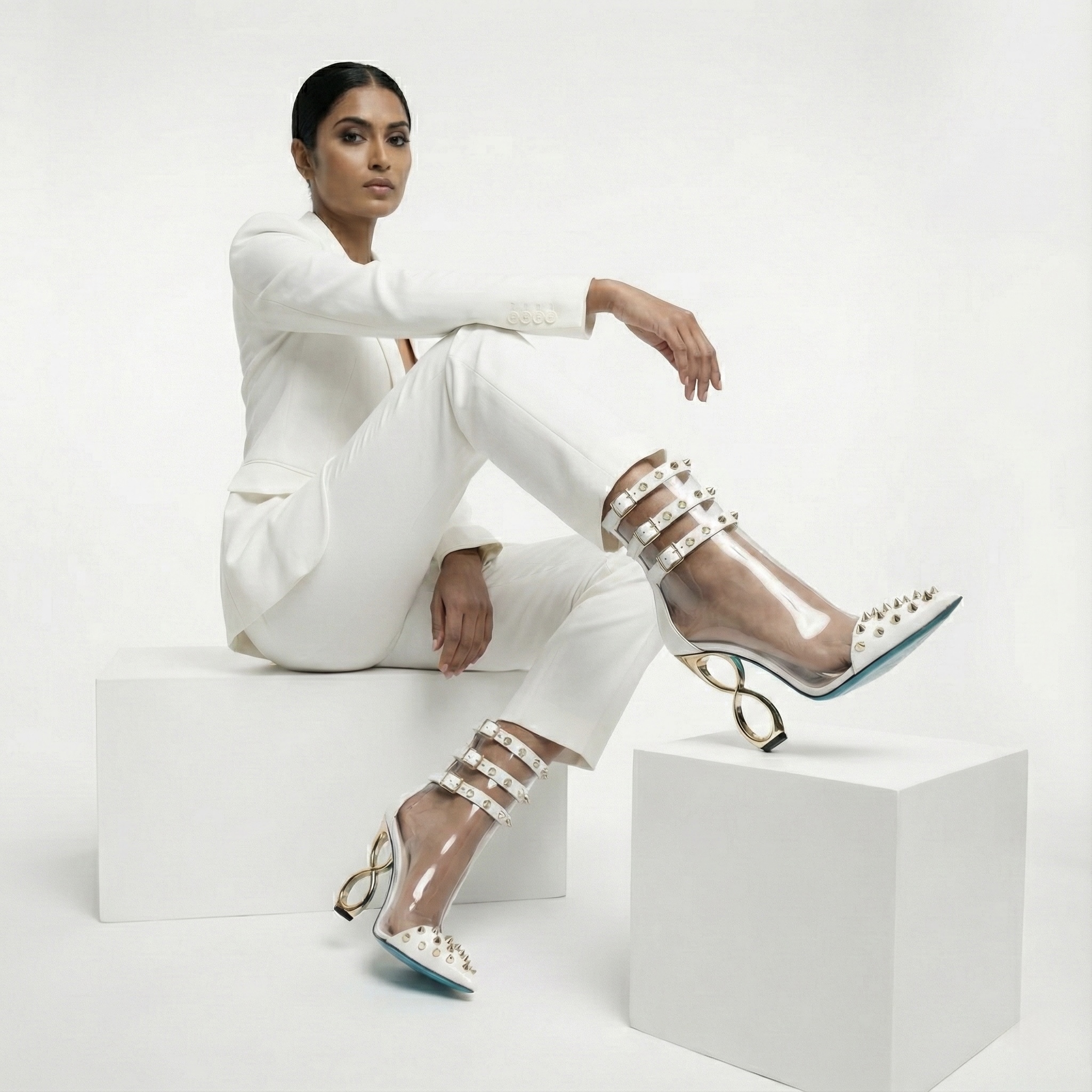 WHITE INFINITE SPIKES HEELS™ TRIPLE STRAP EDITION Made in Italy | Genuine Leather | Free Worldwide Shipping - Image 3