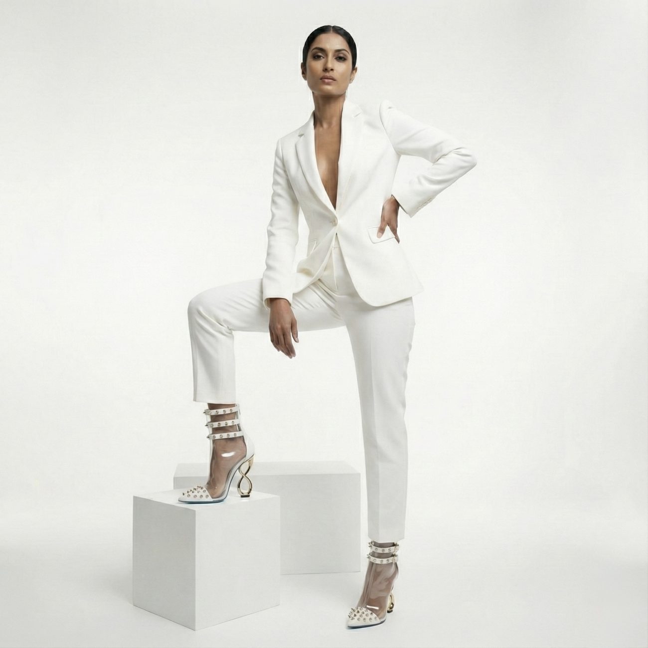 WHITE INFINITE SPIKES HEELS™ TRIPLE STRAP EDITION Made in Italy | Genuine Leather | Free Worldwide Shipping - Image 5