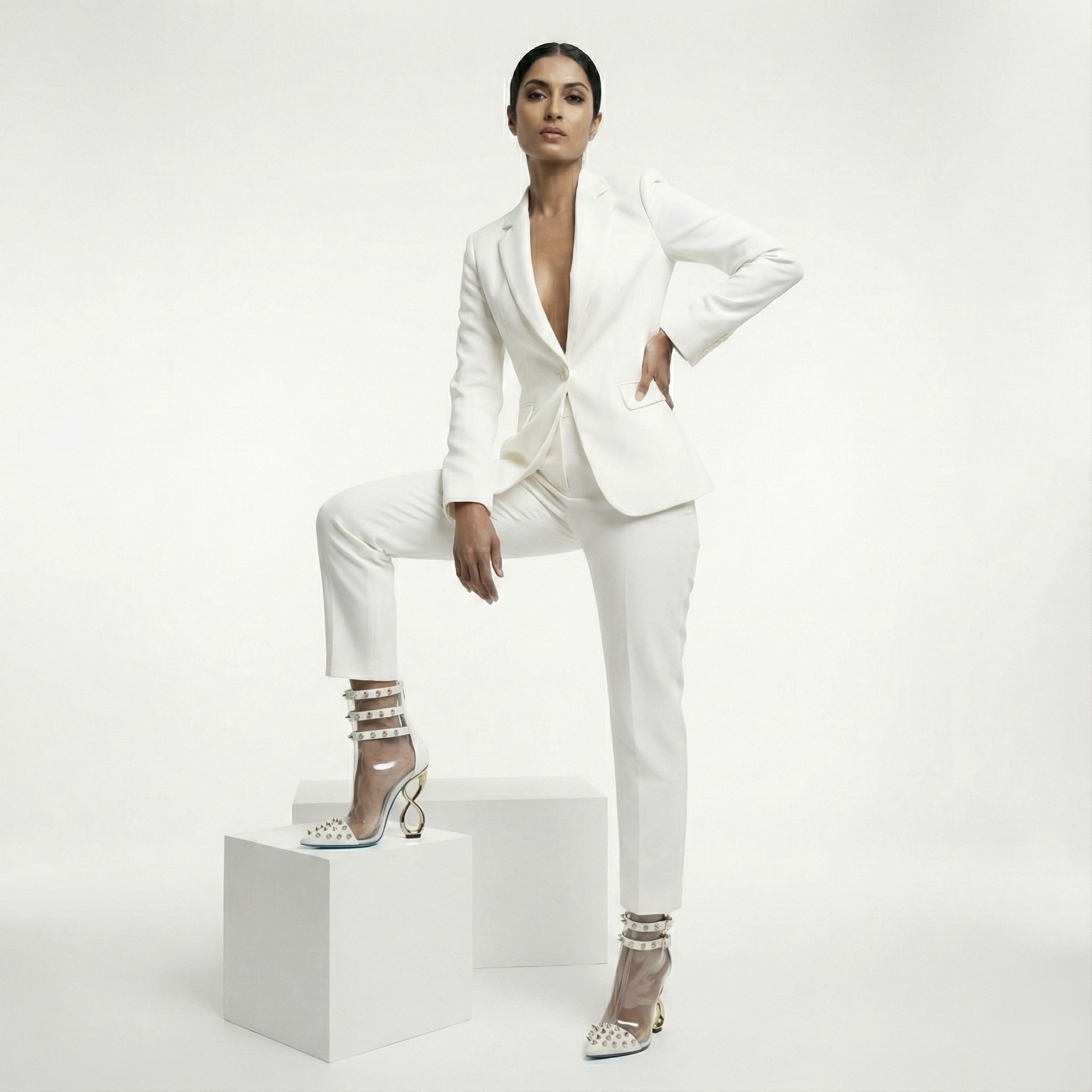 WHITE INFINITE SPIKES HEELS™ TRIPLE STRAP EDITION Made in Italy | Genuine Leather | Free Worldwide Shipping - Image 5